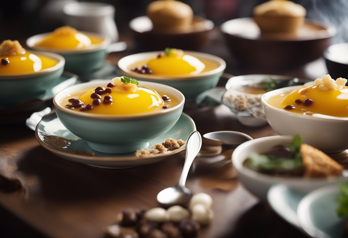 A table is filled with steaming hot Chinese desserts, including red bean soup, mango pudding, and egg tarts. Steam rises from the dishes, and the air is filled with the sweet aroma of the freshly made treats
