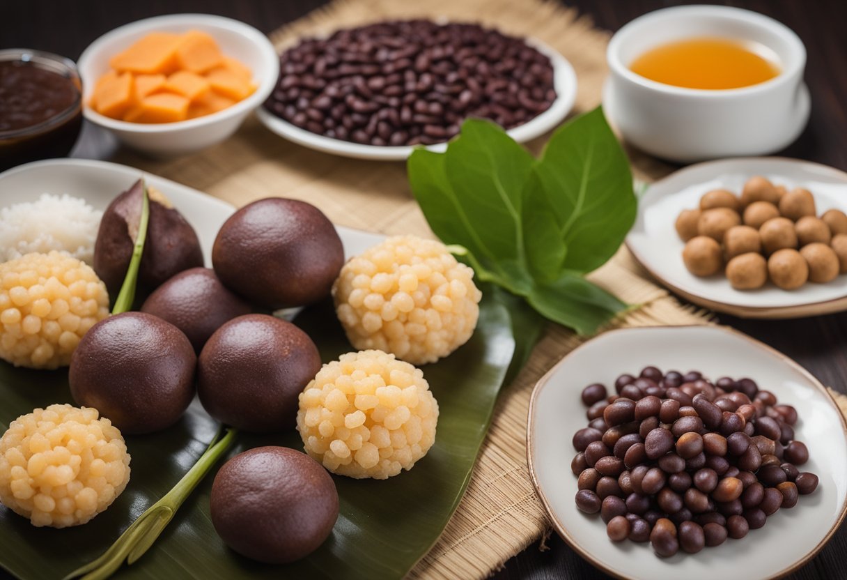 A table displays ingredients like red bean paste, glutinous rice balls, and sweet potatoes. Nearby, alternative options such as taro and tapioca pearls are also shown