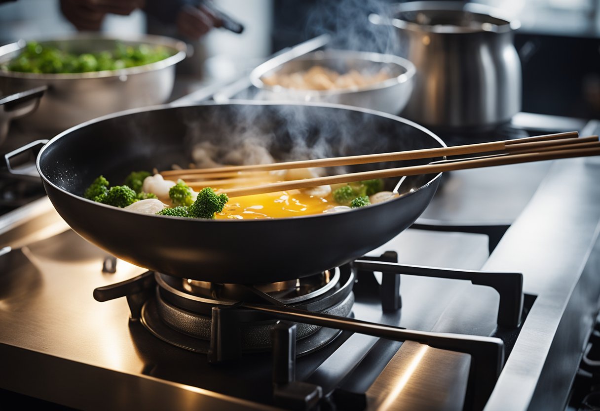 Steam rises from a wok filled with sizzling oil. A pair of chopsticks hovers over the bubbling mixture, ready to stir in the secret ingredients