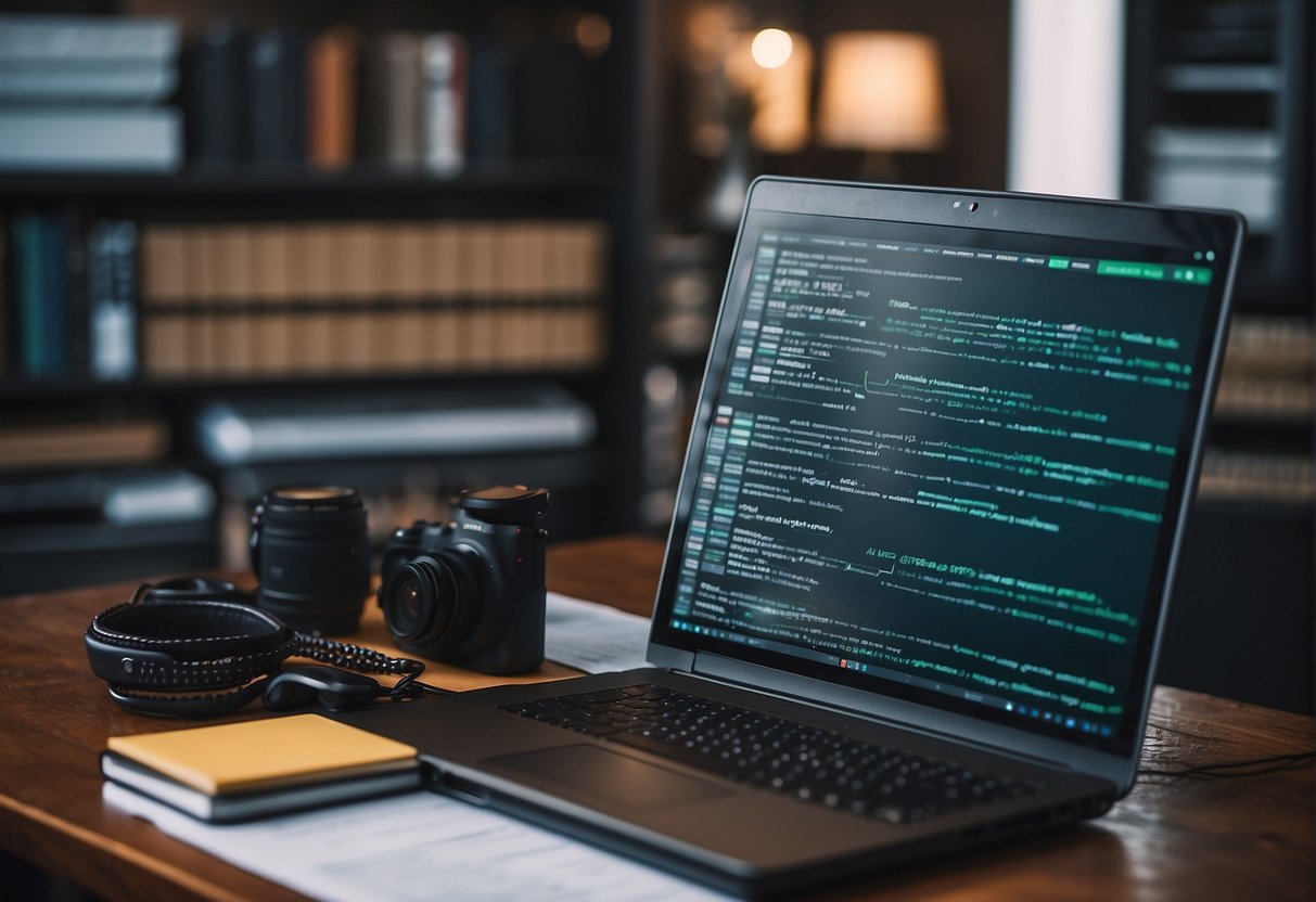 A computer screen displaying various AI writing tools and resources, surrounded by books and notebooks filled with ideas and strategies