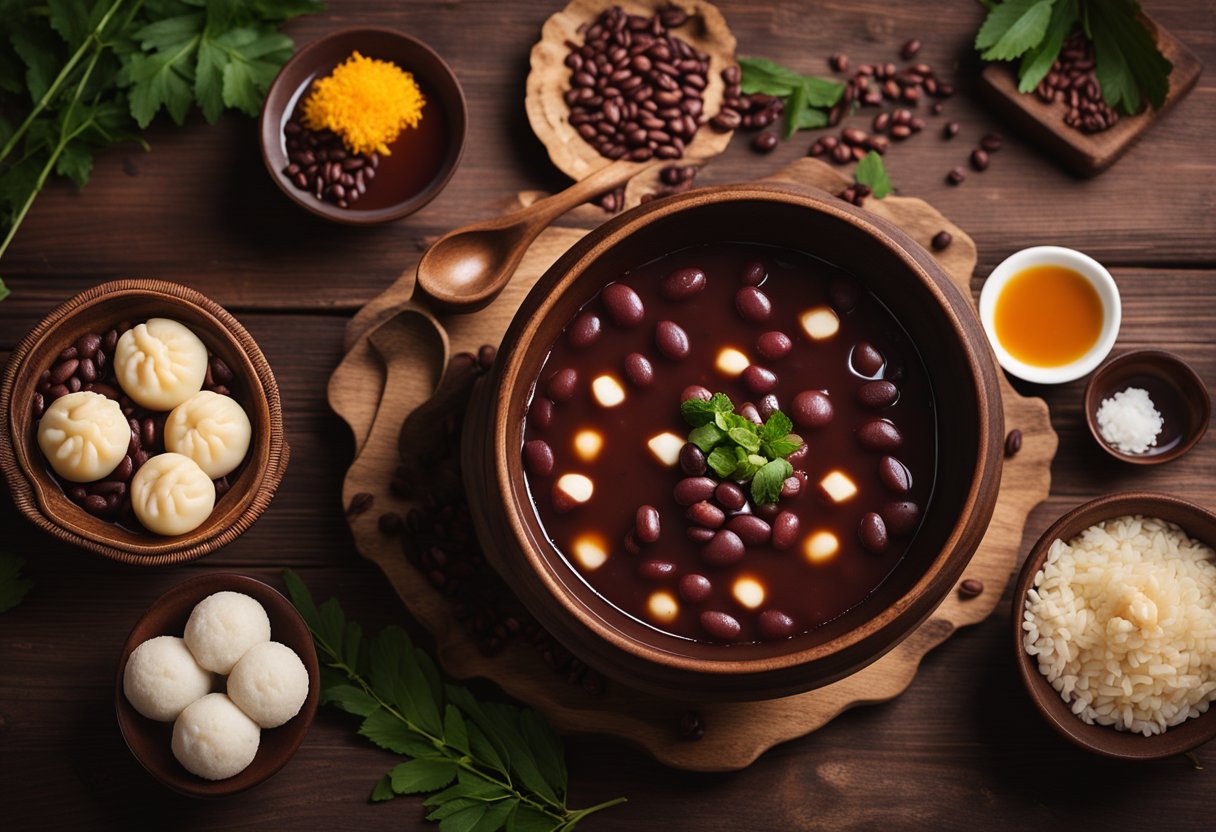 A steaming bowl of sweet red bean soup sits on a rustic wooden table, surrounded by traditional Chinese dessert ingredients like glutinous rice balls and sweet dumplings