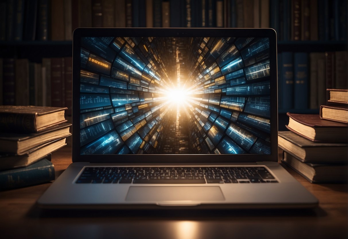 A laptop surrounded by books, with a beam of light shining on the keyboard, while a digital AI assistant hovers above, providing inspiration and guidance