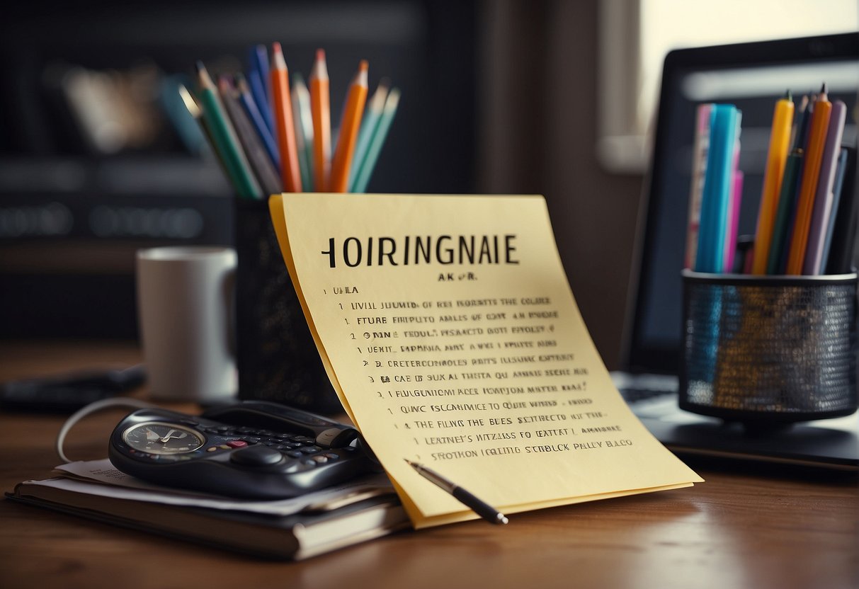 A computer screen displaying "Frequently Asked Questions How to Overcome Writer's Block with AI" surrounded by scattered pens and crumpled paper