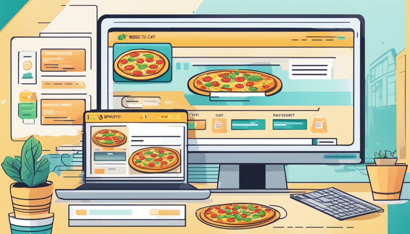 A computer screen showing a website with various pizza base options, a cursor clicking on the "add to cart" button, and a checkout page with payment details