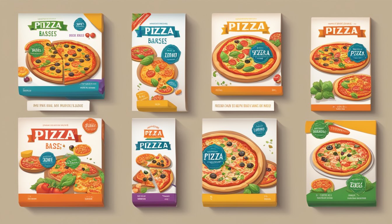 Various pizza bases displayed on a shelf with vibrant packaging. A "buy pizza bases online" banner hangs above the selection