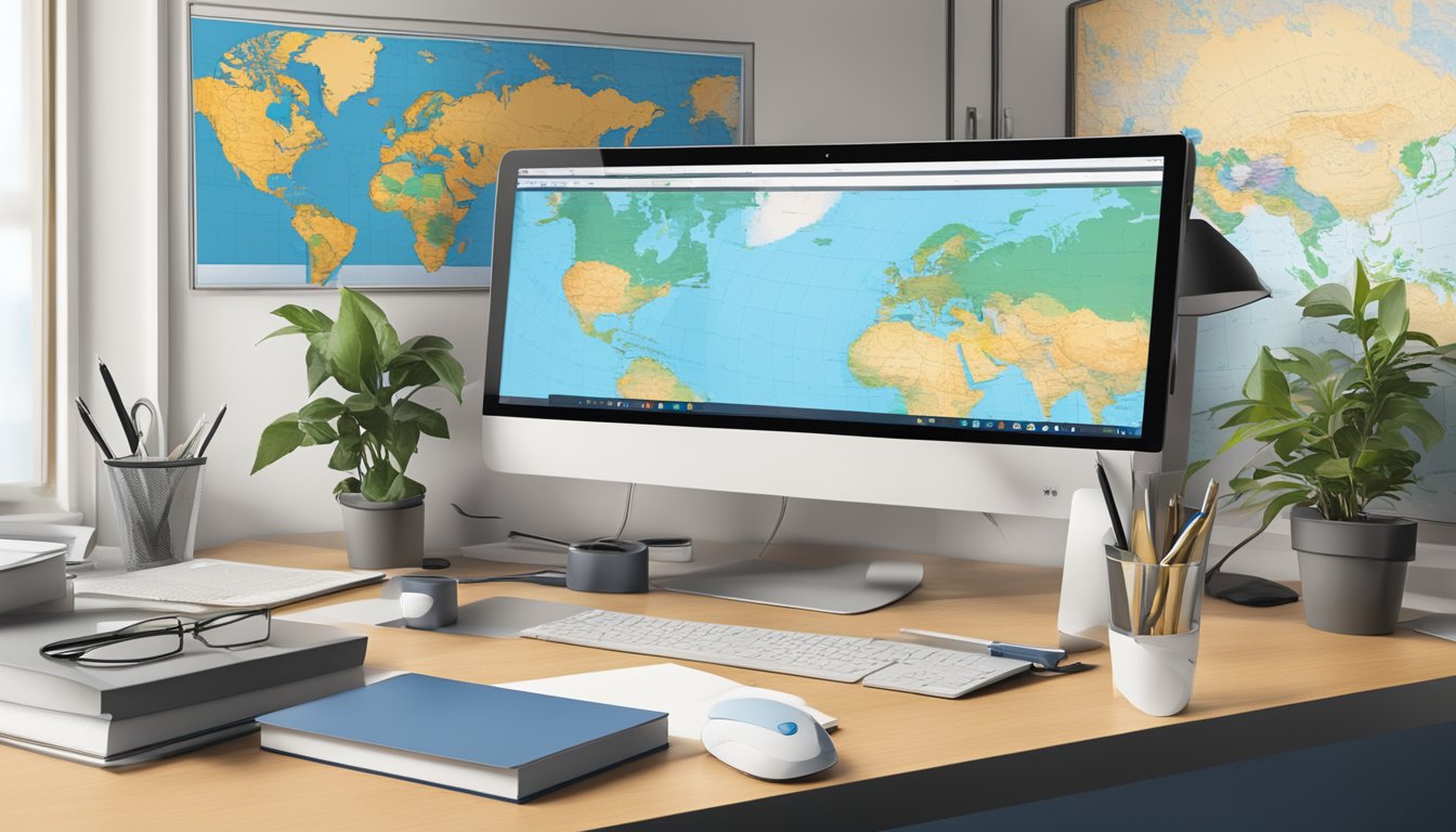 A desk with a computer, pen, and notebook. A world map on the wall. UOB Global Currency Account logo displayed on the screen