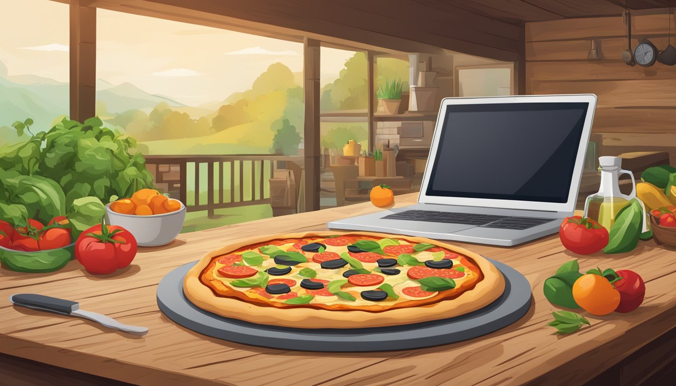 A fresh pizza base sits on a rustic wooden table, surrounded by vibrant, fresh ingredients. A computer screen in the background displays the option to "buy pizza bases online."