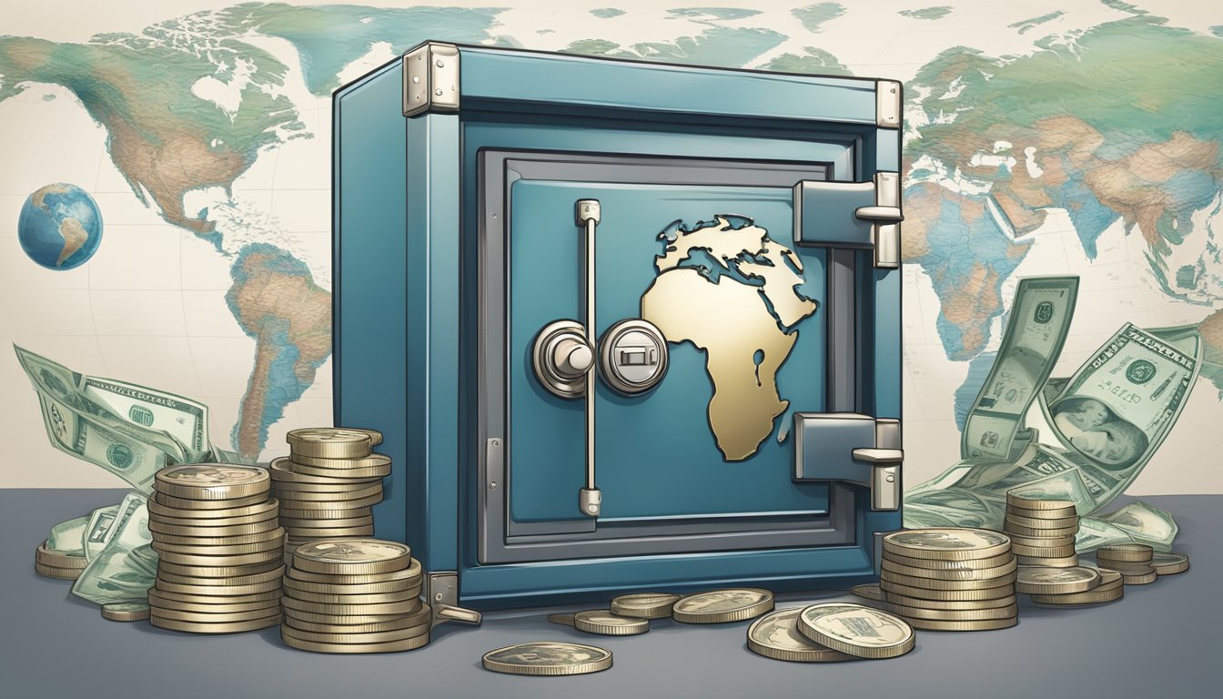 A secure UOB Global Currency Account symbolized by a locked safe, shield, and a globe, ensuring assurance and global access