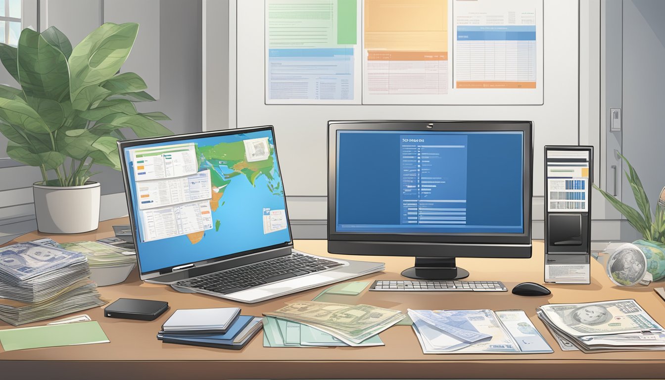 A desk with a computer, a stack of currency from various countries, and a UOB Global Currency Account brochure