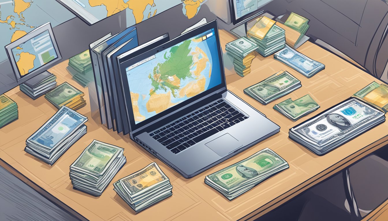 A desk with a laptop open to the UOB Global Currency Account website, surrounded by currency notes and a world map