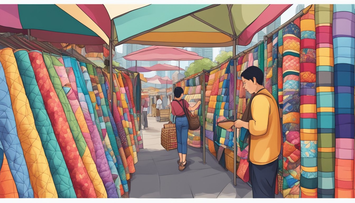 A person browsing through a variety of colorful quilts at a market stall in Singapore