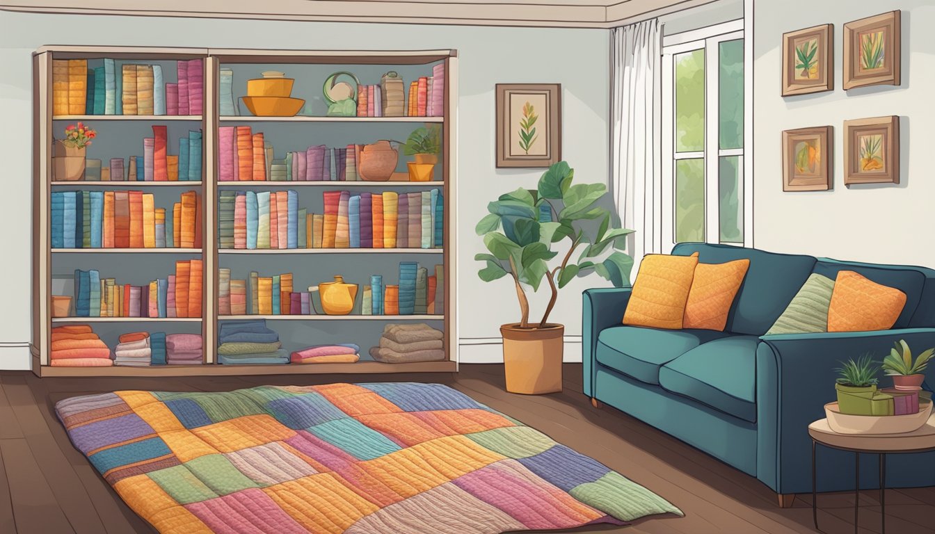 A cozy living room with a colorful quilt draped over a plush sofa, surrounded by shelves of neatly folded quilts and a display of quilt patterns on the wall