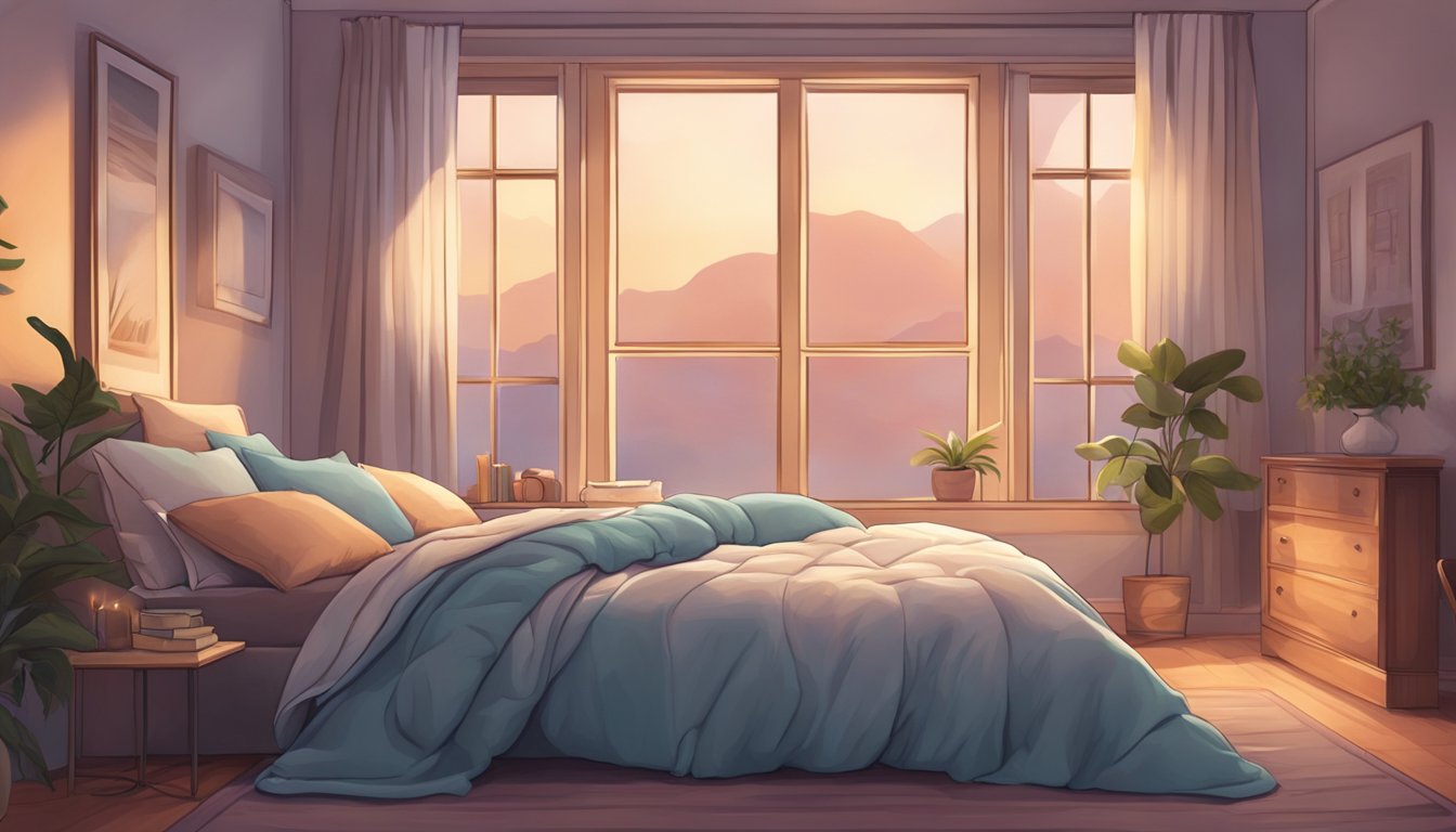 A cozy bedroom with a soft, fluffy quilt draped over a comfortable bed, surrounded by soothing colors and dim lighting