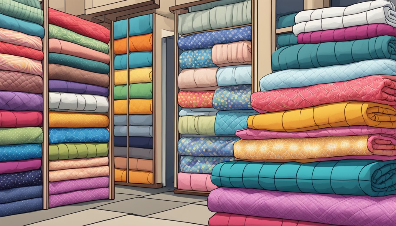 A stack of colorful quilts displayed in a Singaporean shop, with a sign reading "Frequently Asked Questions" above them
