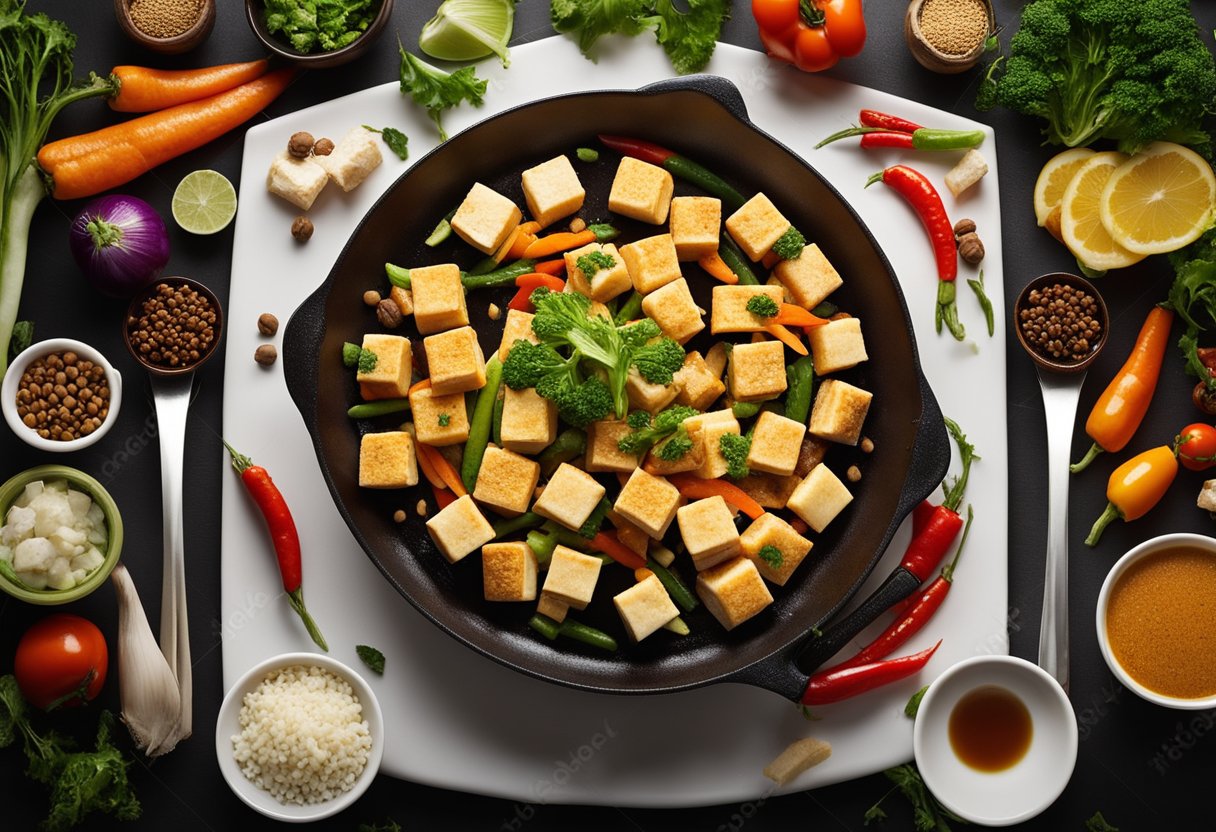 Sizzling tofu cubes on a hot plate, surrounded by vibrant vegetables and aromatic spices, emitting steam and a tantalizing aroma