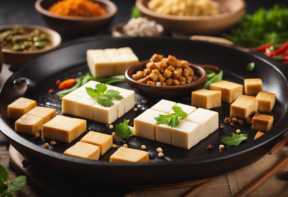 A sizzling hot plate of tofu, surrounded by traditional Chinese ingredients and spices, symbolizing the cultural significance and origins of Chinese cuisine