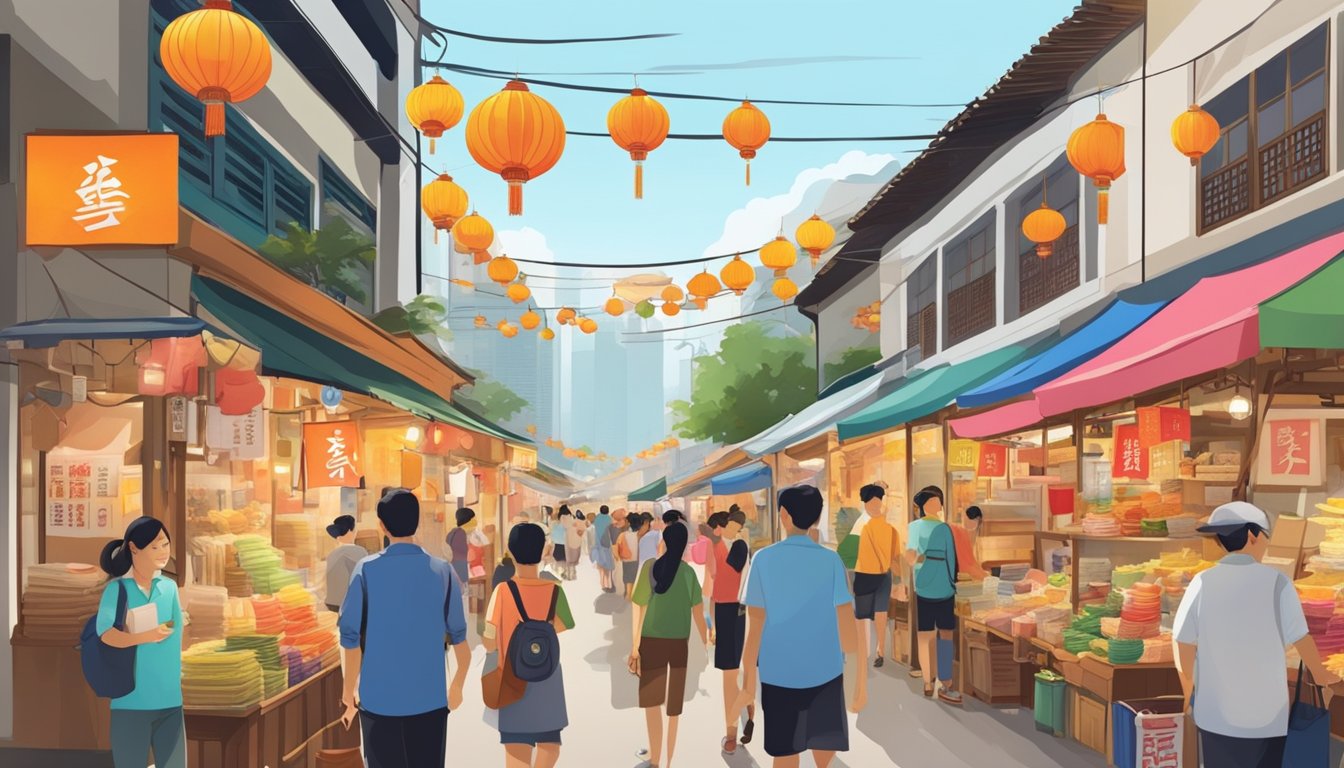 A bustling street market in Singapore, lined with shops selling Chinese calligraphy supplies. Brightly colored signage and traditional artwork adorn the storefronts