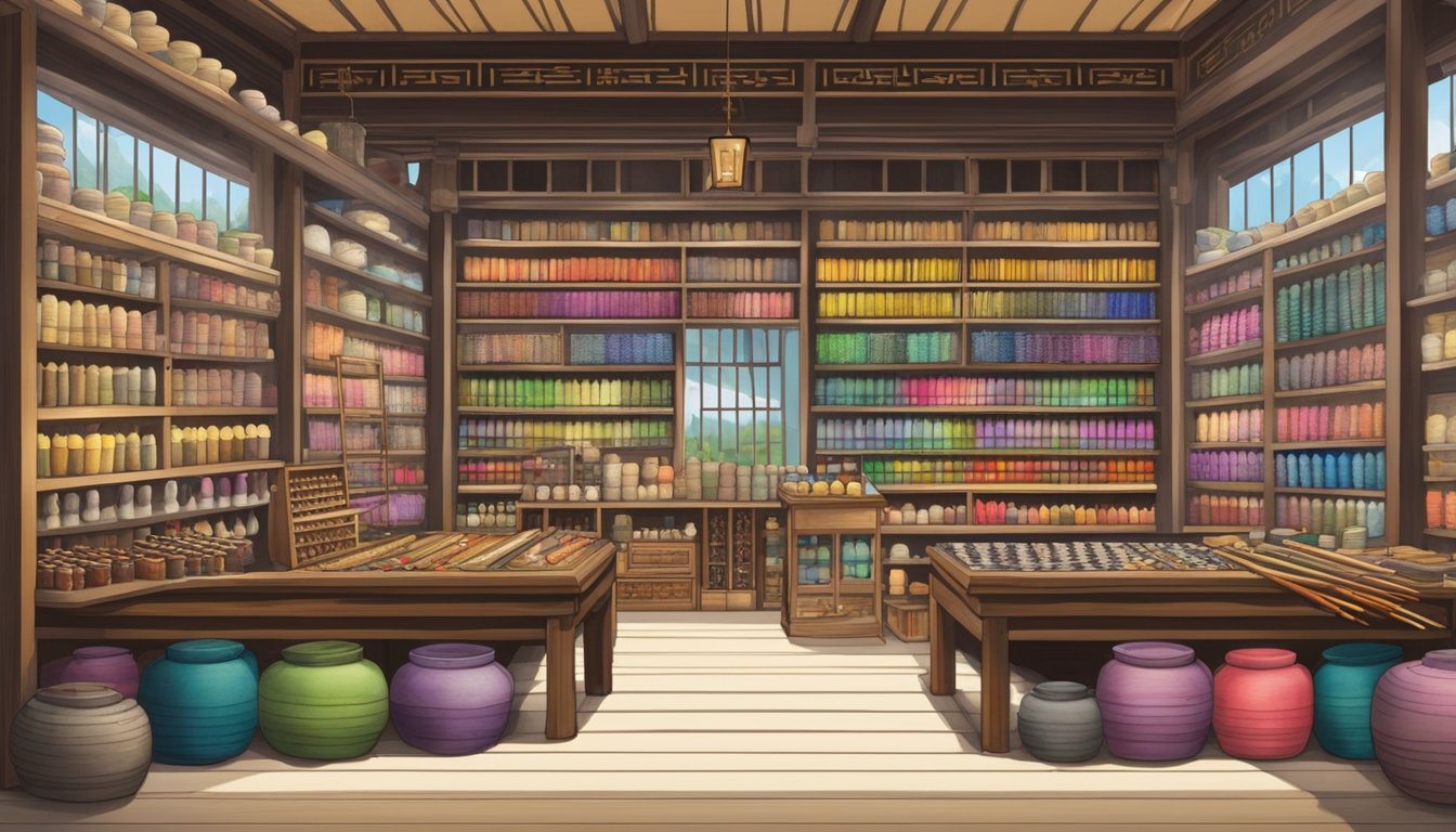 A quaint shop in Singapore displays rows of Chinese calligraphy brushes, ink stones, and rice paper. The shelves are filled with colorful ink sticks and ornate seal stamps