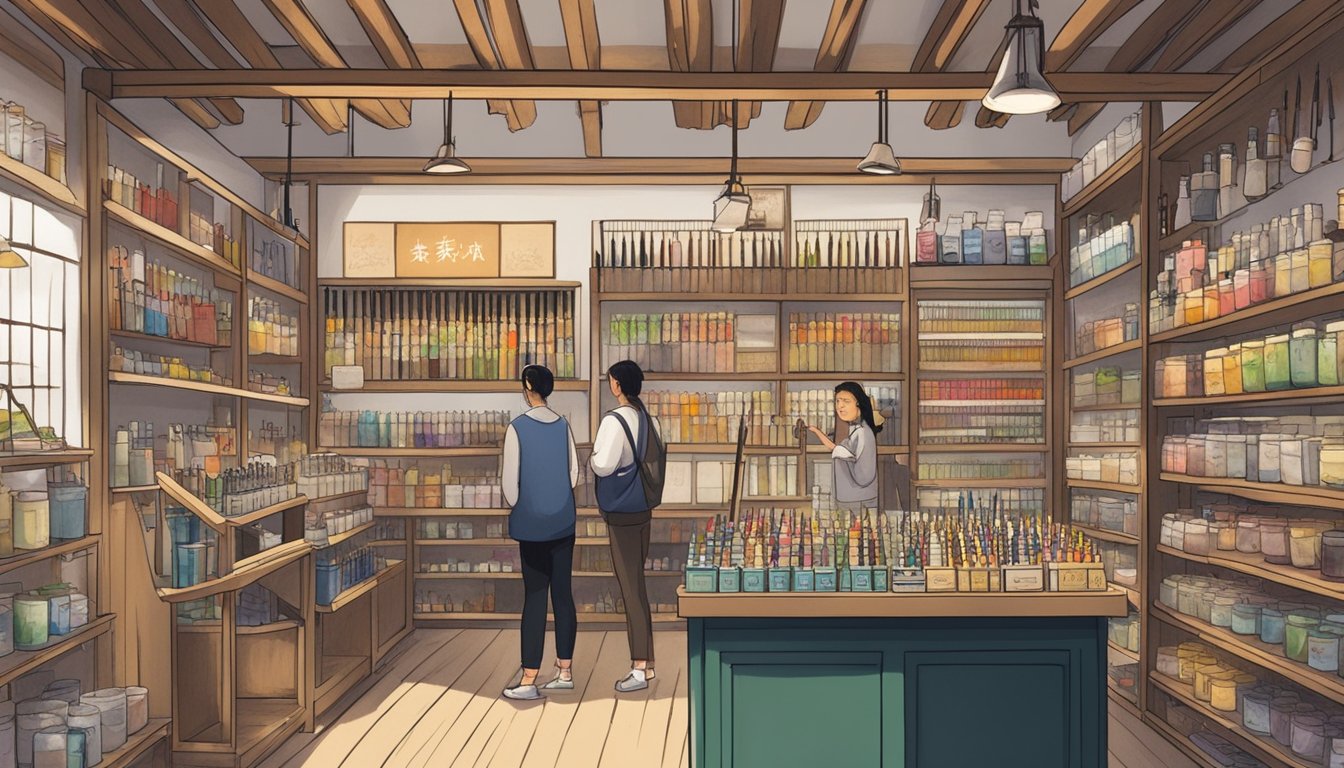 A well-lit art supply store with shelves stocked with Chinese calligraphy brushes, ink, and paper. Customers browse and interact with knowledgeable staff