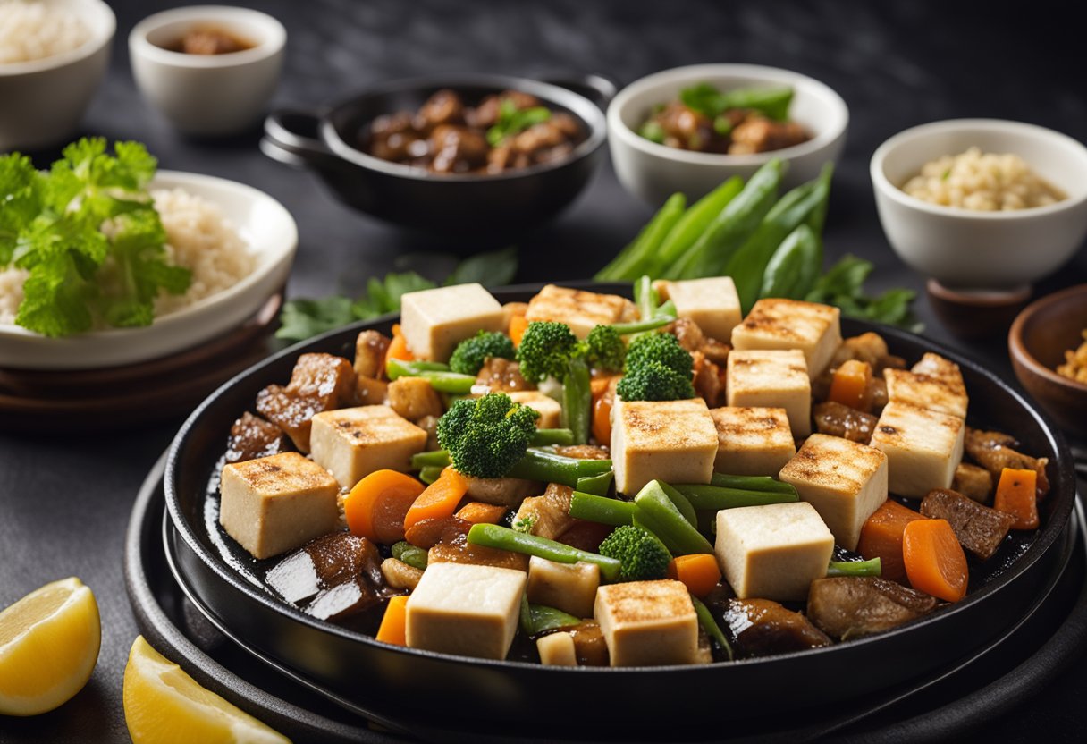 A sizzling hot plate with sizzling tofu, surrounded by essential Chinese recipe ingredients