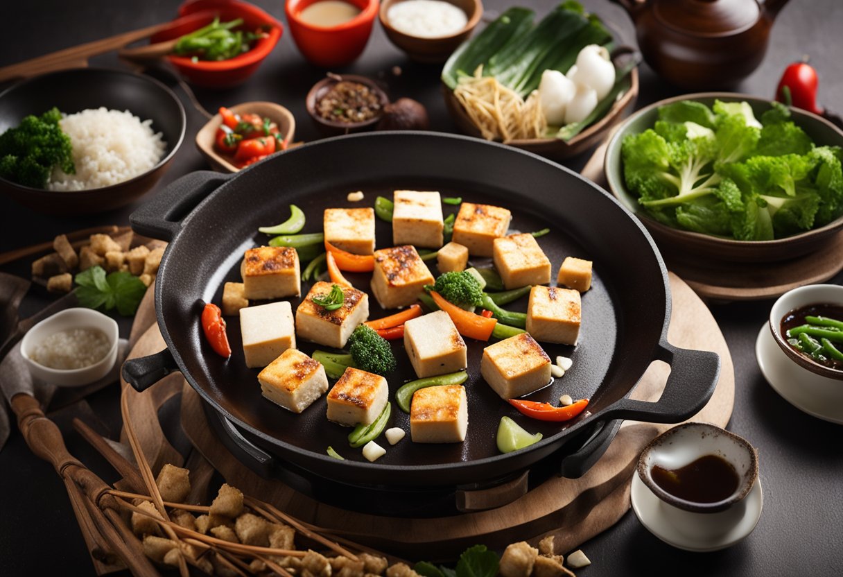 Sizzling hot plate with sizzling tofu, surrounded by various Chinese cooking utensils and ingredients