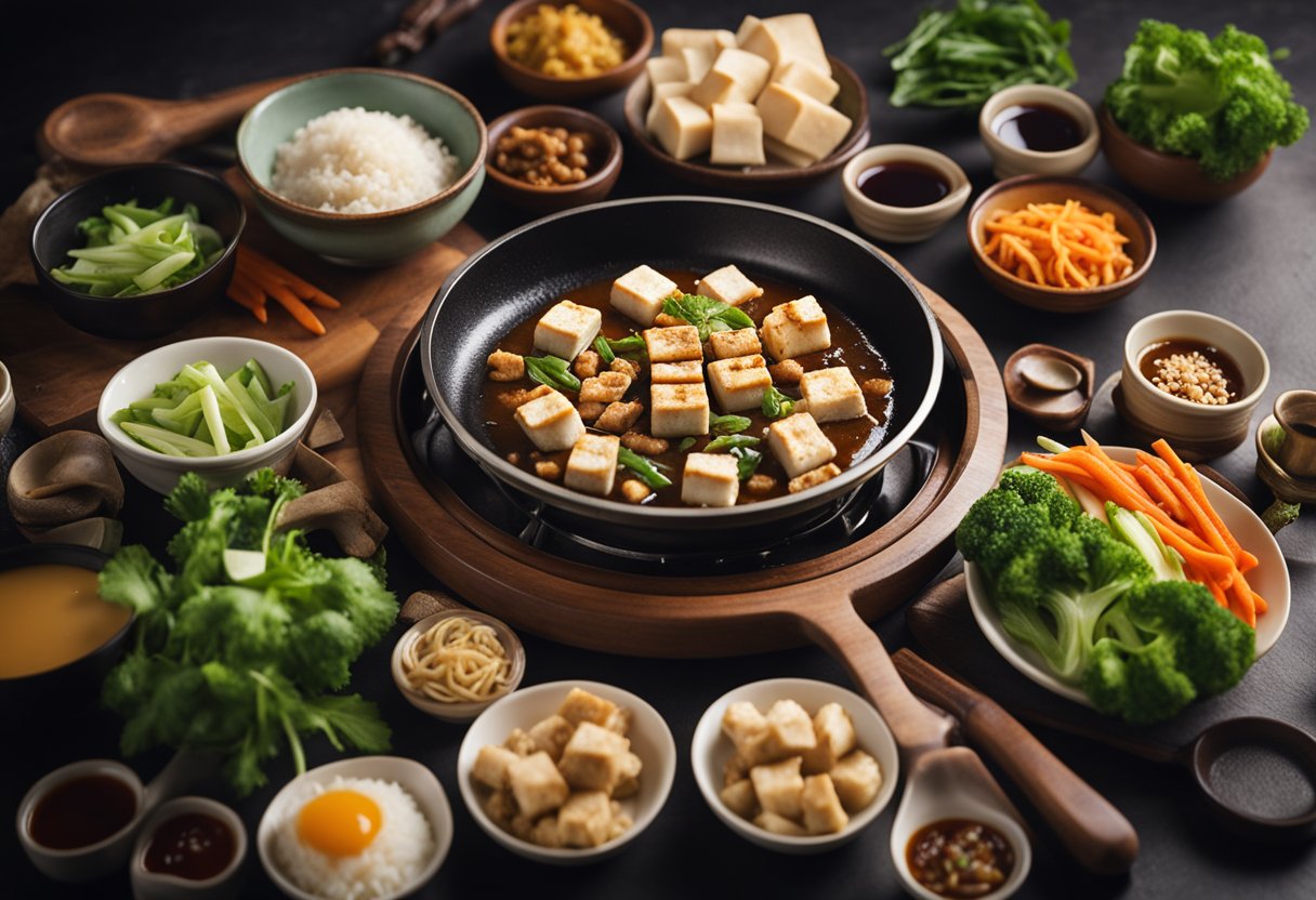 A sizzling hot plate with sizzling tofu, surrounded by traditional Chinese recipe ingredients