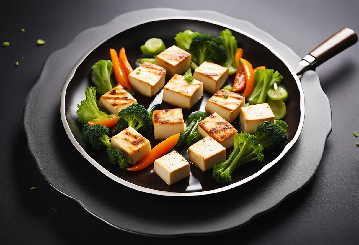 A sizzling hot plate of tofu, surrounded by steaming vegetables and aromatic sauce, is elegantly presented on a sleek, modern serving dish