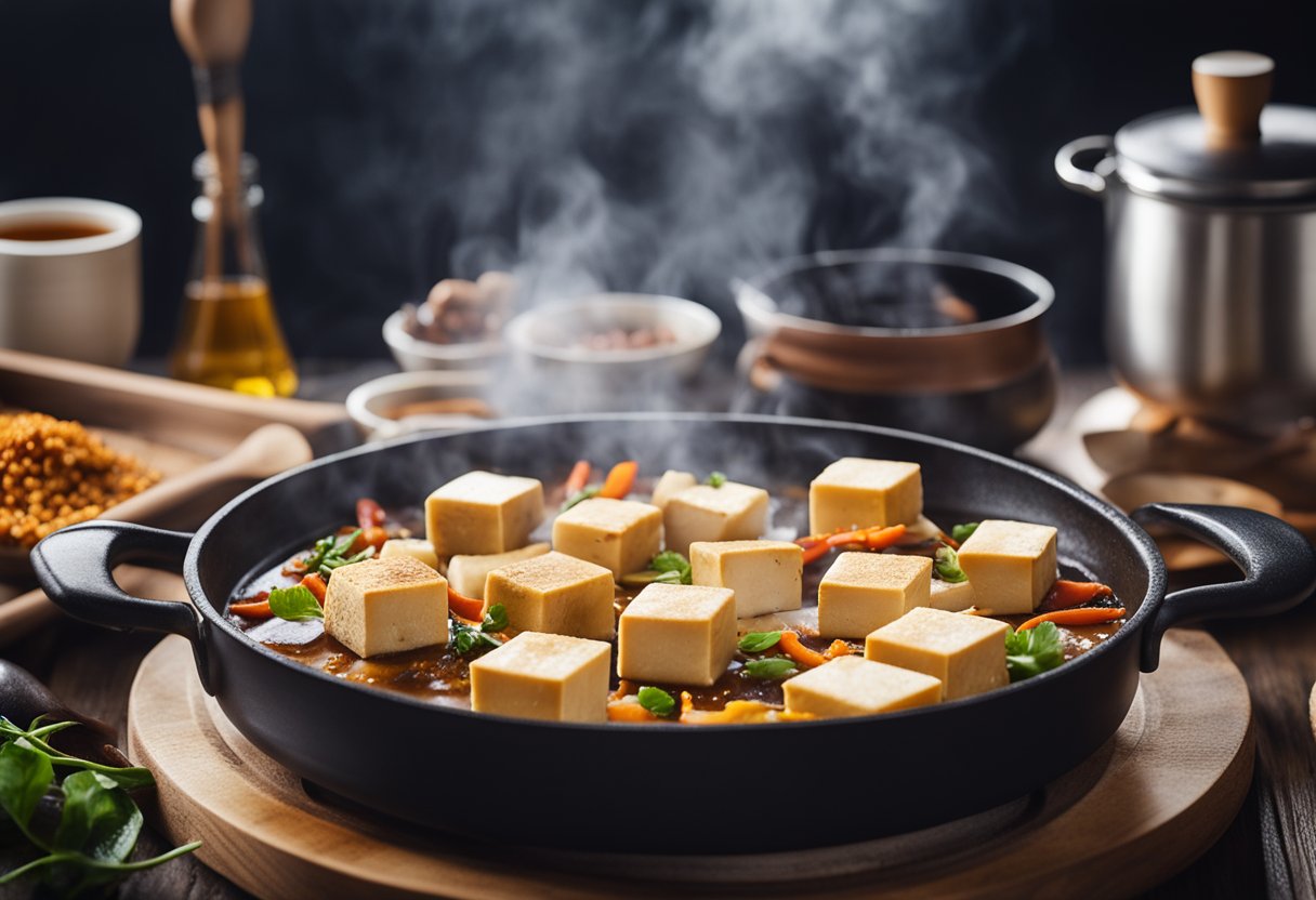 A sizzling hot plate of tofu with Chinese spices, steam rising, surrounded by ingredients and cooking utensils