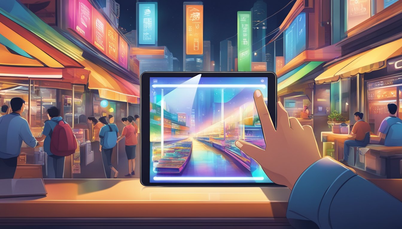 A hand reaches for a sleek tablet in a vibrant Singapore market. The device gleams under the bright lights, showcasing its remarkable features
