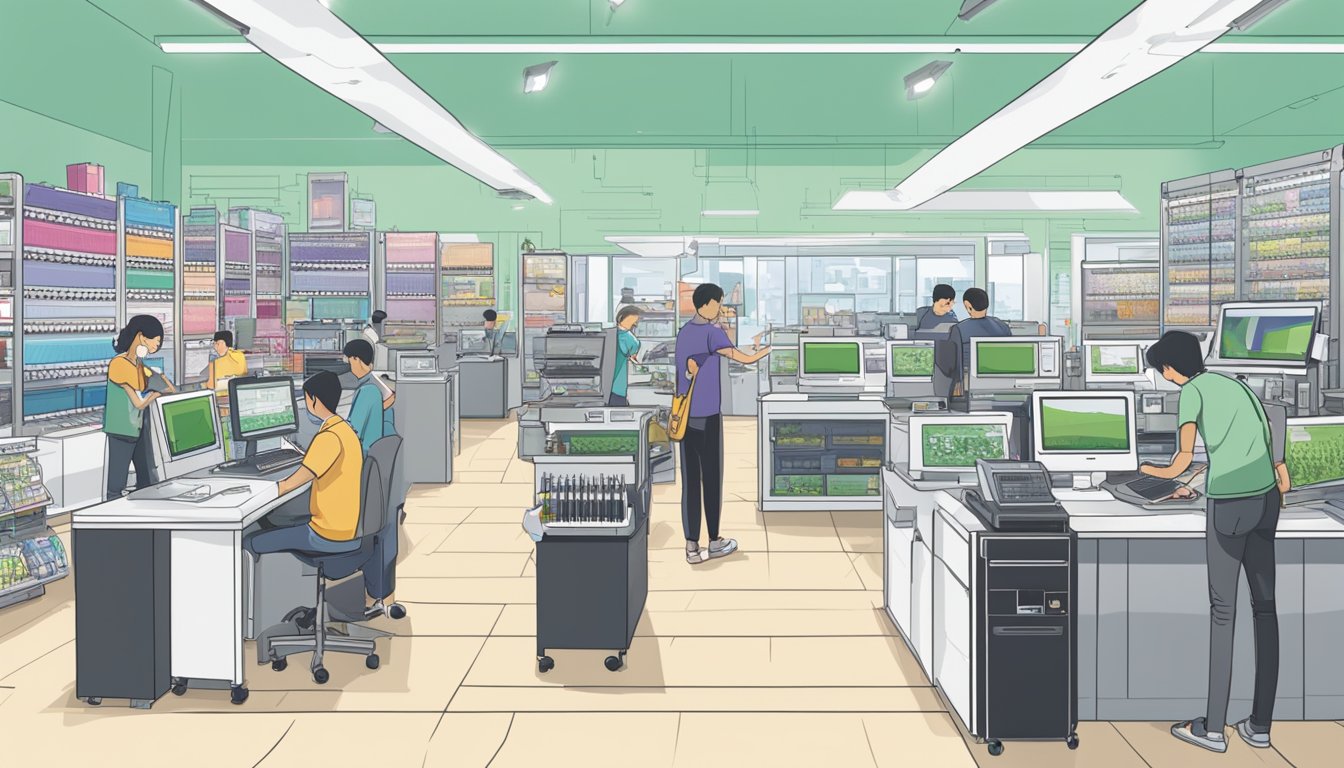 A bustling electronic store in Singapore displays Cricut machines. Customers inquire about the product from attentive staff