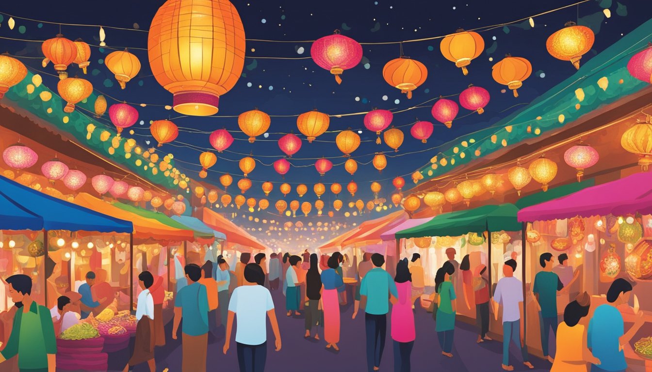 Colorful Diwali decorations fill the bustling markets of Singapore. Brightly lit stalls display intricate lanterns, vibrant rangoli designs, and ornate diyas. Shoppers eagerly browse the festive offerings, creating a lively and vibrant atmosphere