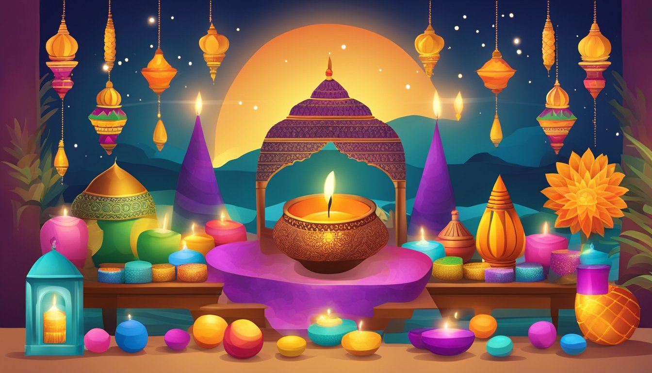 A festive Diwali display with colorful decorations and lights, showcasing a variety of traditional items available for purchase at Desertcart in Singapore