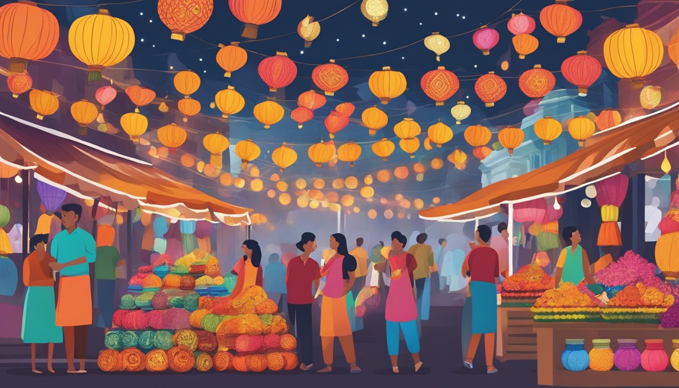 A bustling market stall with vibrant Diwali decorations on display in Singapore. Customers browse through colorful lanterns, intricate Rangoli patterns, and festive ornaments