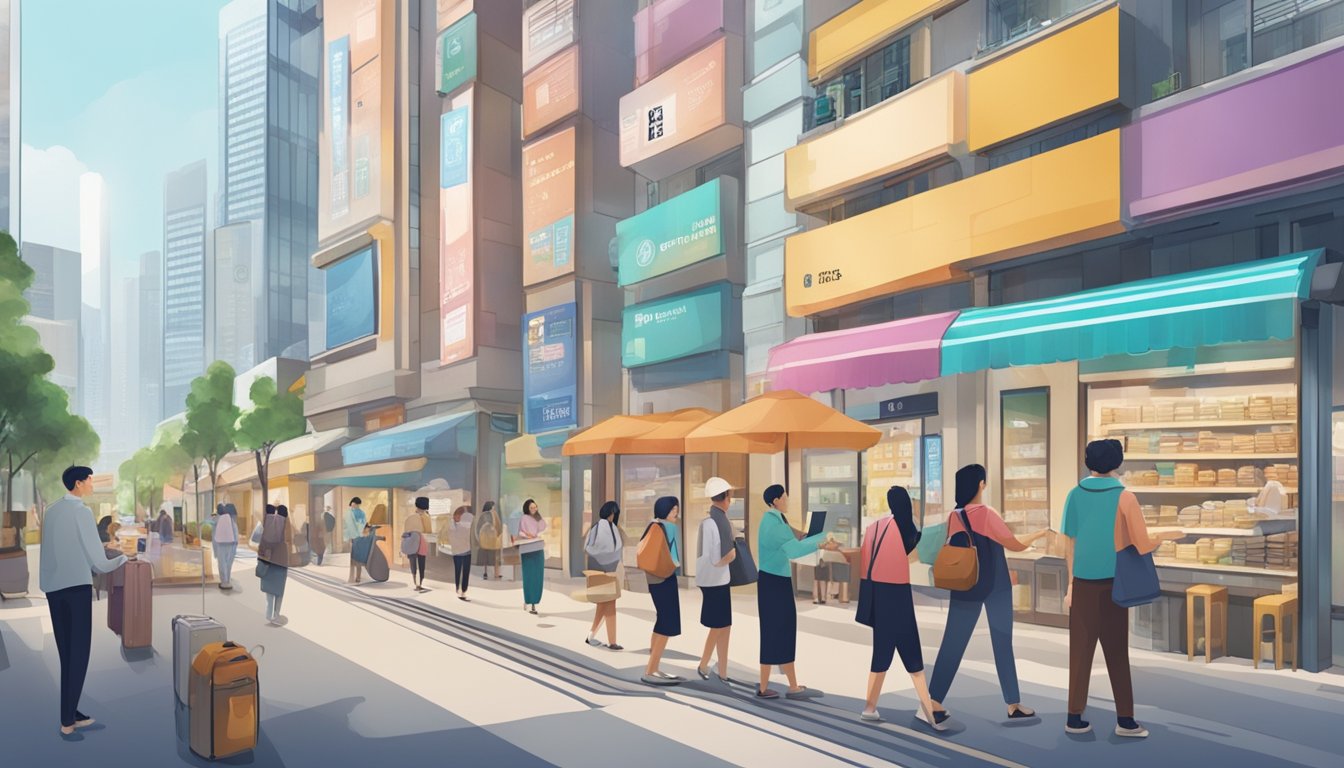 A bustling Singapore street with various money lending establishments, including storefronts and online platforms. A diverse group of borrowers are seen conducting research and comparing options