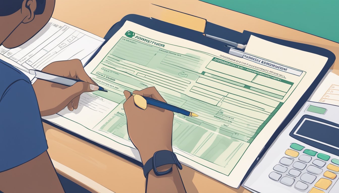 A person filling out a money lender license application form in Singapore. The form is on a desk with a pen, and the person is carefully reading through the requirements