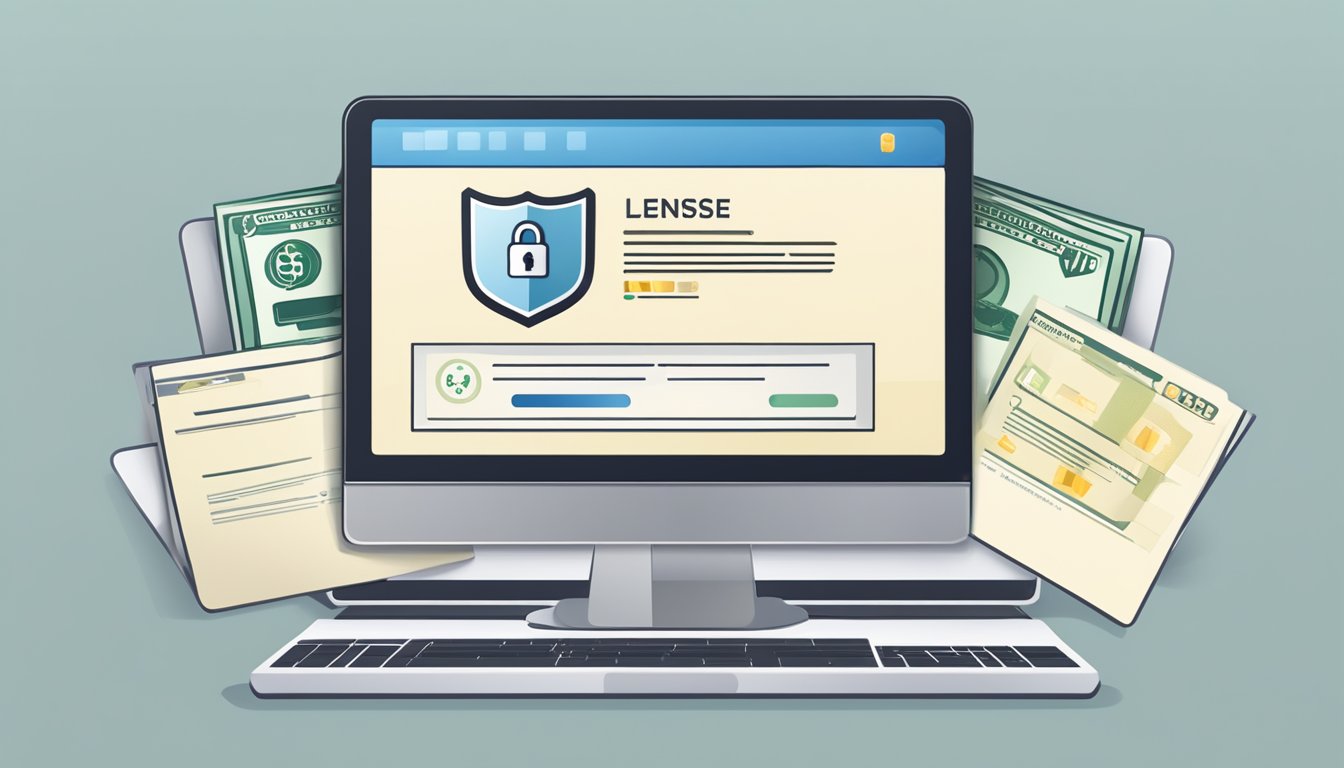 A computer screen displays a secure website with a money lender license application form. A lock icon and shield symbol indicate digital security