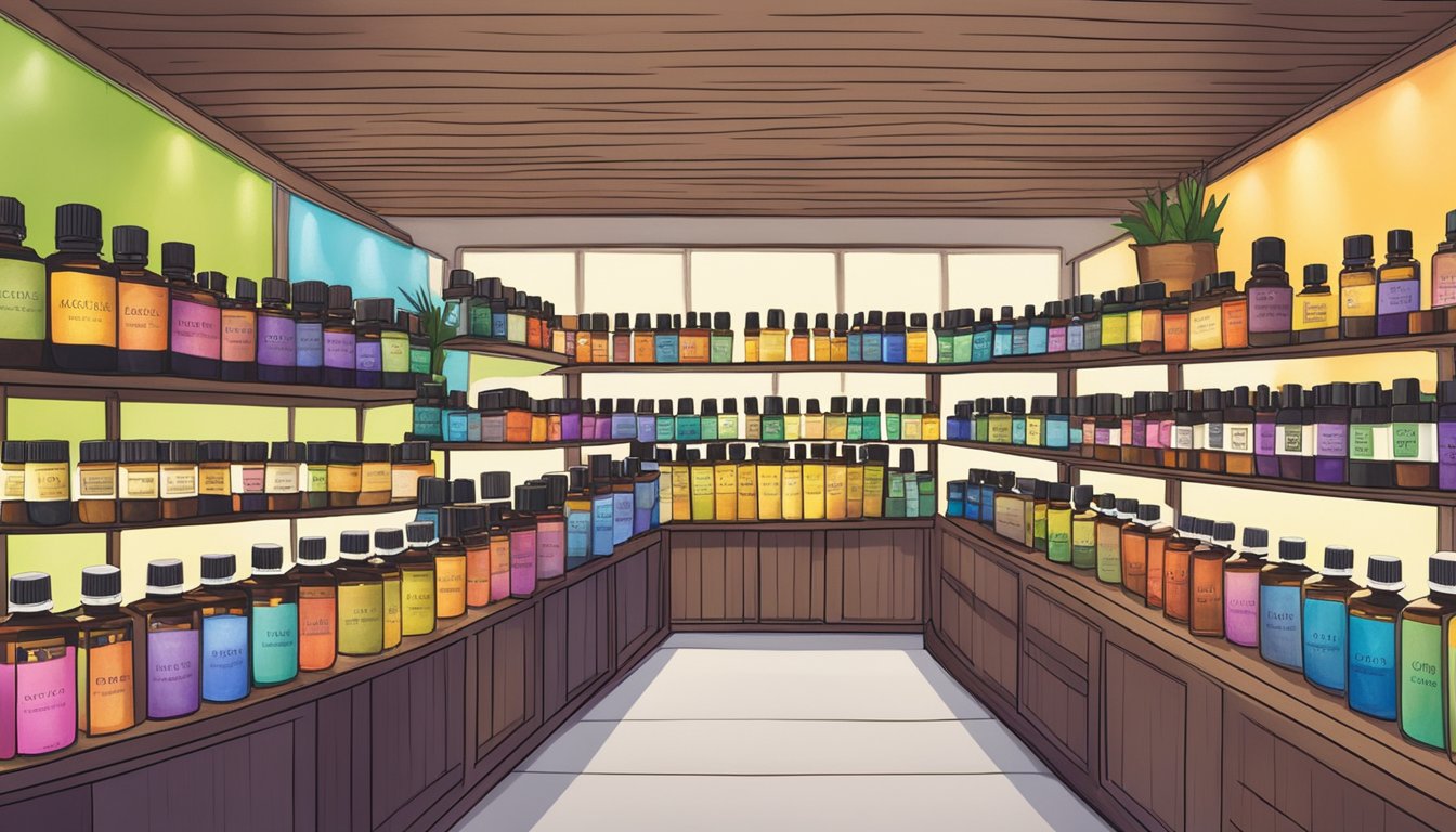 A vibrant market stall displays various Doterra essential oils in Singapore. Shoppers browse the colorful bottles and sample the aromatic scents