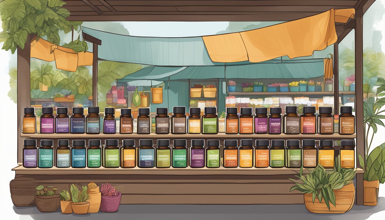 A bustling Singaporean market stall displays various dōTERRA essential oils, with vibrant labels and enticing aromas