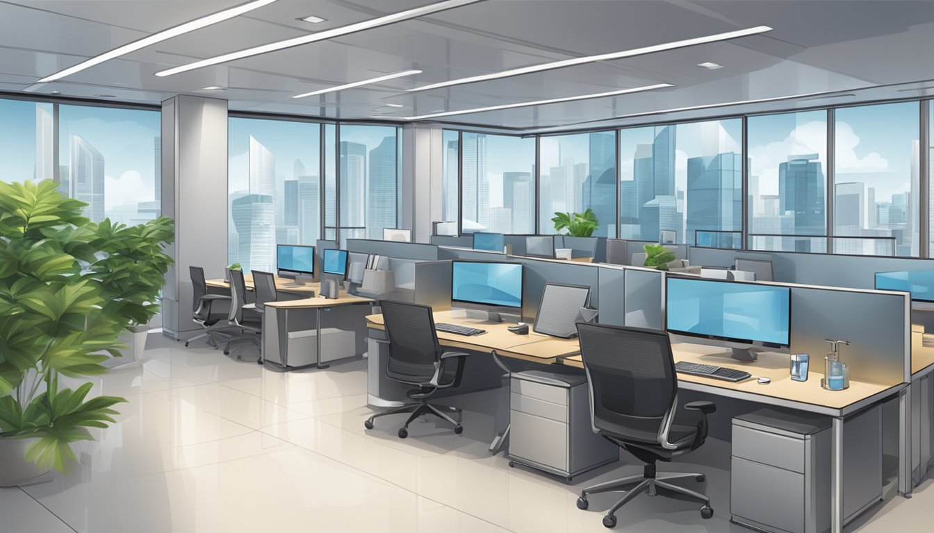 The scene depicts a sleek and modern office setting with a prominent sign displaying "Eligibility and Application Process" for a top money lender in Singapore
