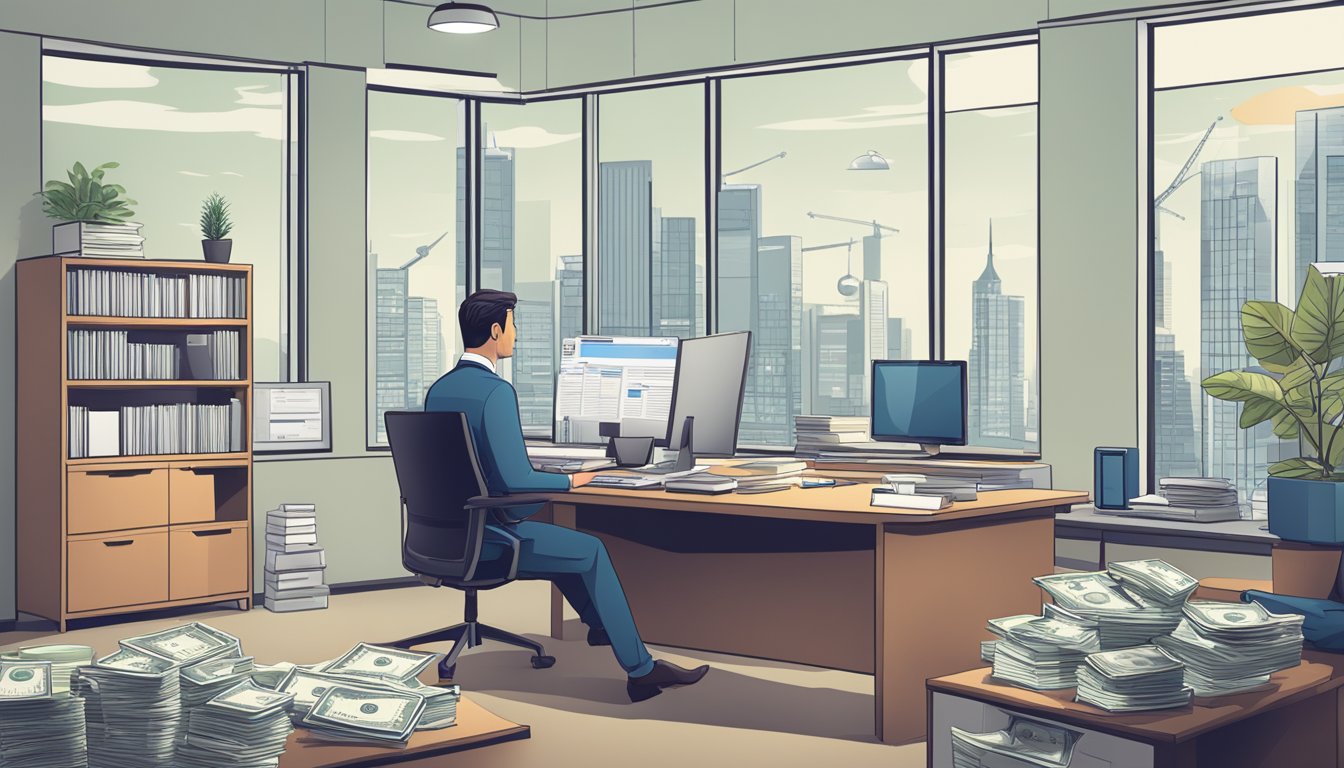 A well-organized office with a professional-looking money lender at a desk, surrounded by charts and graphs showing responsible debt management