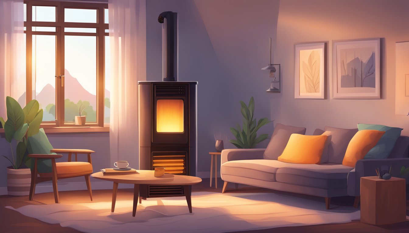 A cozy living room with a modern room heater glowing warmly in the corner, surrounded by comfortable furniture and soft lighting