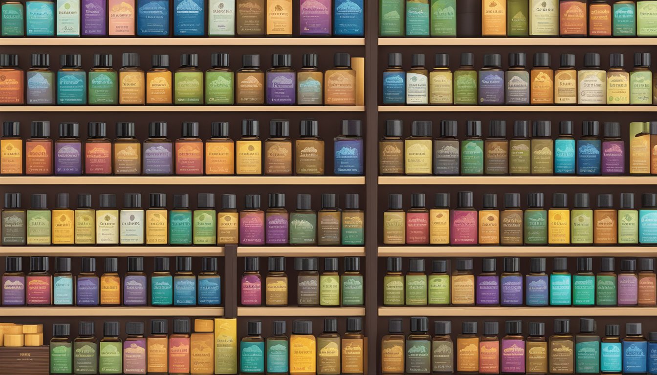 A display of dōTERRA essential oils arranged on a shelf in a Singaporean store, with vibrant labels and natural ingredients showcased