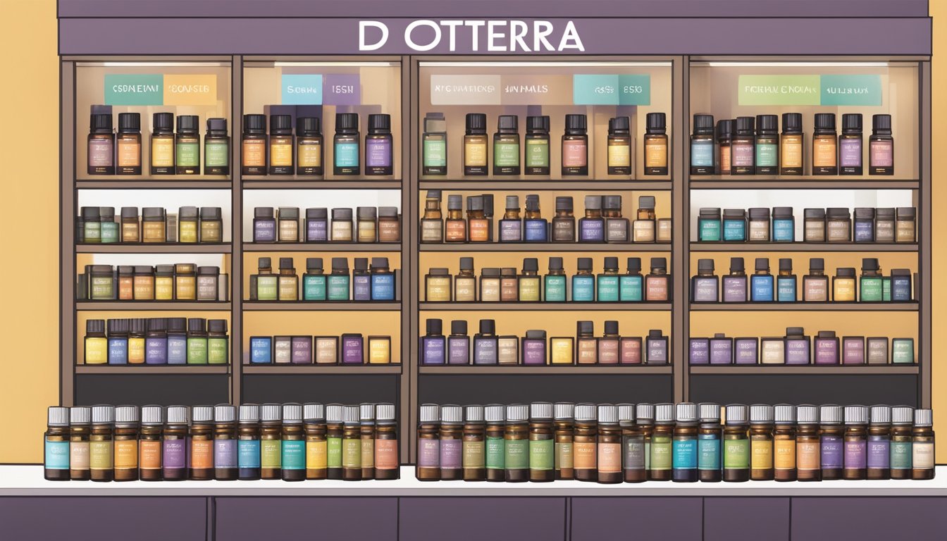 A display of Doterra essential oils in a Singaporean store, with clear signage and a variety of products arranged neatly on shelves