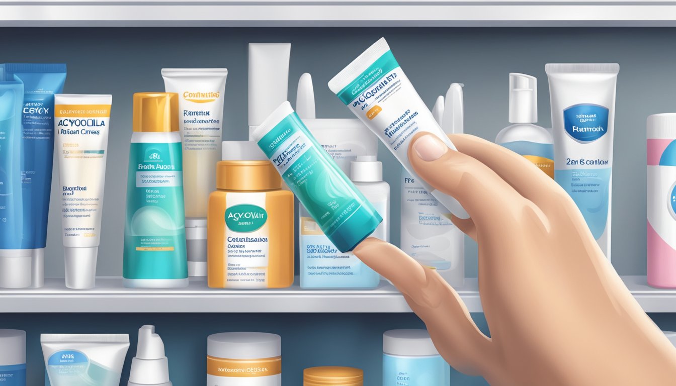 A hand reaches for a tube of acyclovir cream on a pharmacy shelf