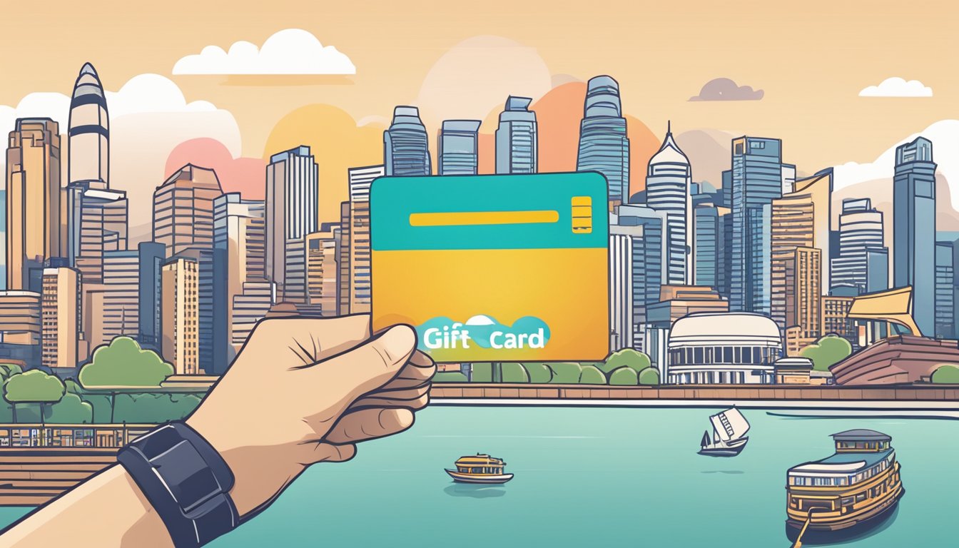 A hand holding a Singaporean apple gift card with iconic landmarks in the background