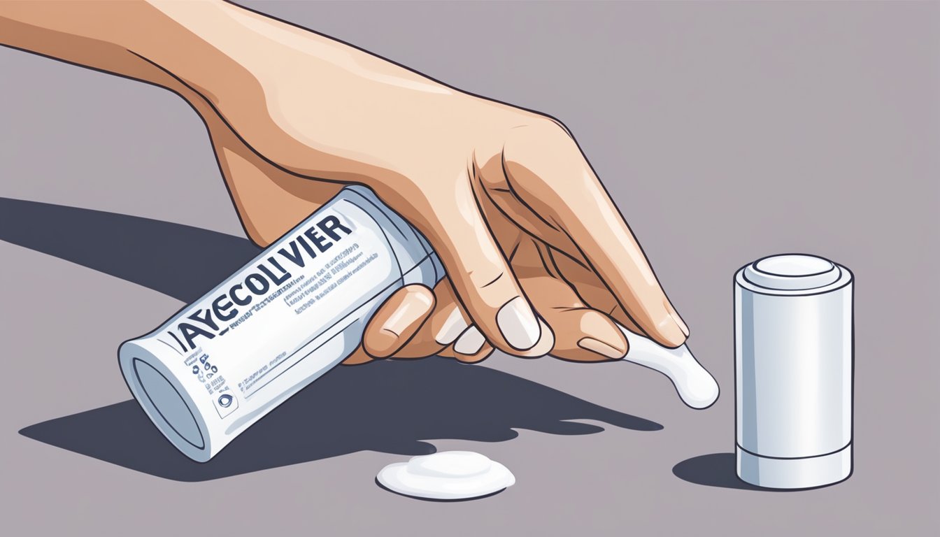 A hand squeezes a tube of acyclovir cream onto a clean surface. The cream is white and smooth, with a faint medicinal scent