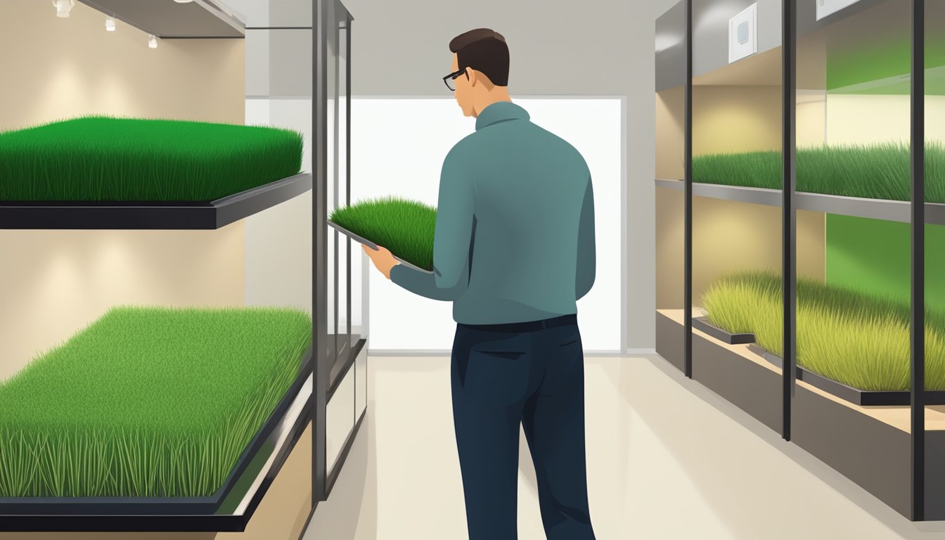 A customer carefully examines different types of artificial grass displayed in a showroom, comparing textures and colors before making a purchase decision