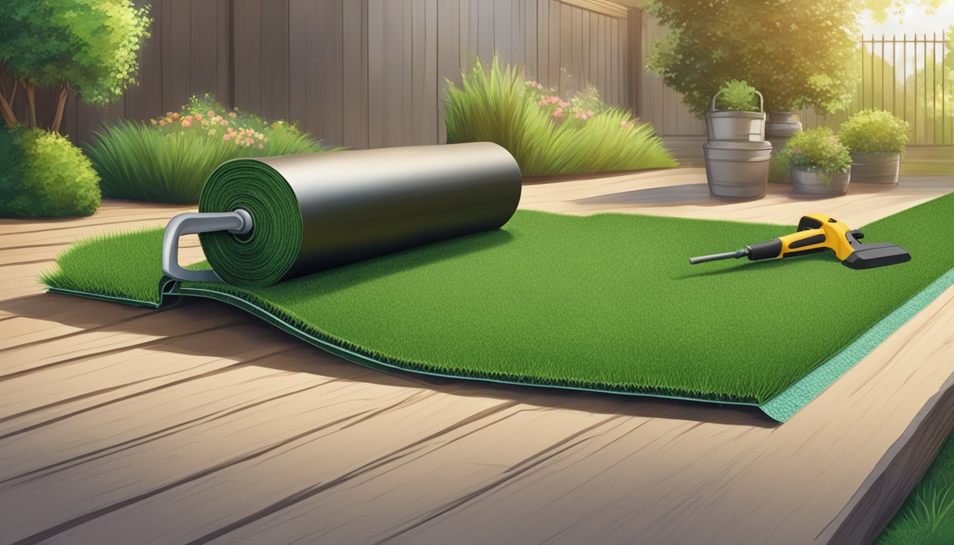 A person lays out rolls of artificial grass, then uses tools to secure and trim the edges. They inspect the finished installation for any necessary adjustments