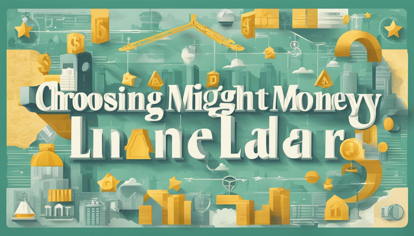 A grand scale with the words "Choosing the Right Money Lender" in bold letters, surrounded by symbols representing trust, reliability, and professionalism
