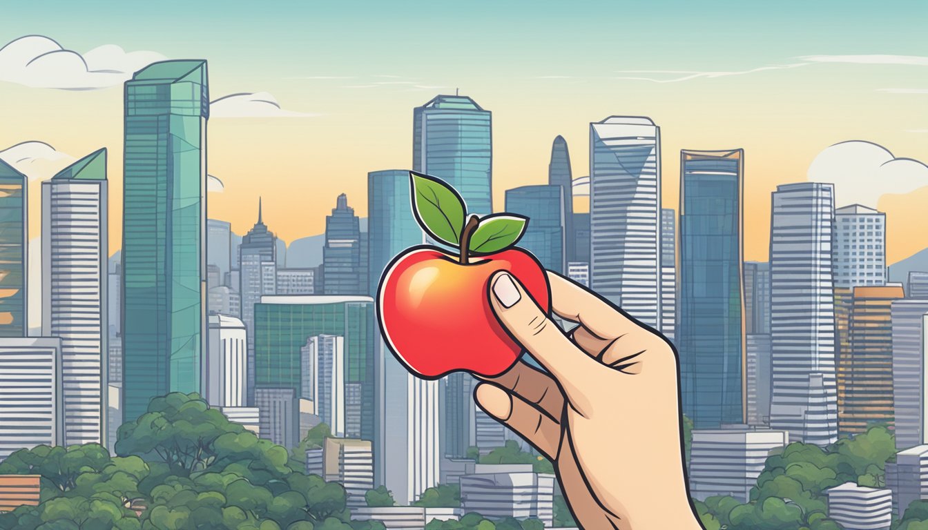 A hand holding an Apple gift card, with a Singaporean skyline in the background